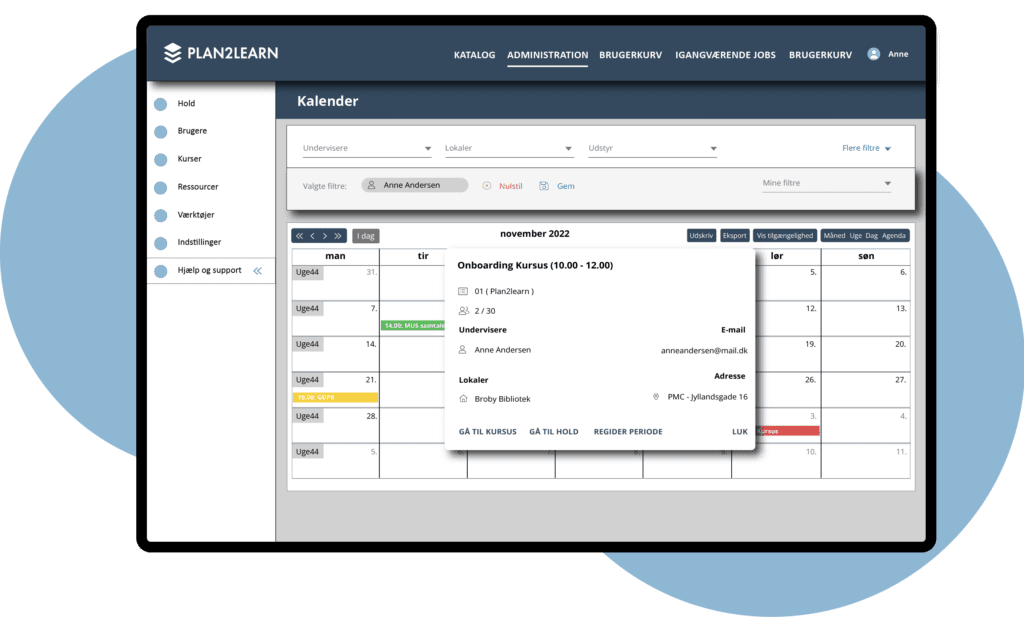 Billede af kursusadministration i Plan2learn